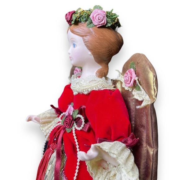 VTG Kurt Adler Angel Tree Topper Large Ornament 1990 Victorian Lace Red Ivory - Picture 6 of 14